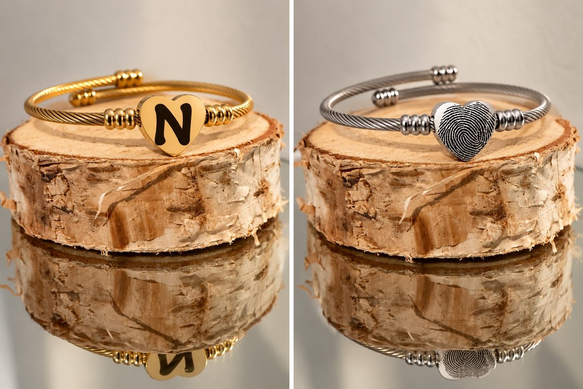 Armband in goud met letter en in zilver met vingerafdruk